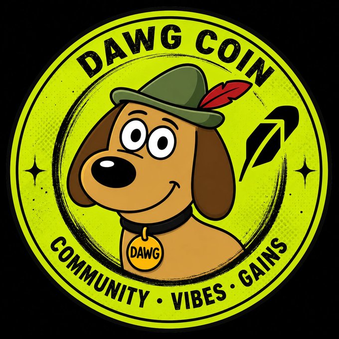 A neon green circular logo for 'DAWG COIN' features a cartoon dog wearing a green hat with a red feather, surrounded by the text 'COMMUNITY • VIBES • GAINS' and a rising arrow.