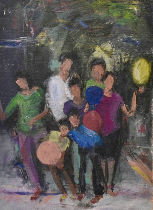 A painted scene depicts a group of figures gathered together, with a glowing yellow lantern visible on the right side, illustrating the "Fading Lanterns" title referenced in the post about the 15 XTZ physical painting.