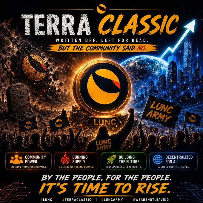 A dramatic rally-style promotional graphic for **Terra Classic (LUNC)** featuring the tagline "Written off. Left for dead. But the community said NO." alongside imagery of a "LUNC Army" crowd, burning tokens, and pillars highlighting "Community Power," "Burning Supply," "Building the Future," and "Decentralized for All," ending with the call to action "By the people, for the people. It's time to rise." and hashtags #LUNC #TerraClassic #LUNCarmy #WeAreNotLeaving — visually reinforcing the post's message to simply hold LUNC, portraying the token as a resilient, community-driven revival project worth keeping.