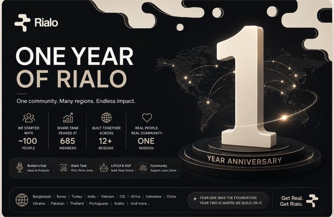 A 1-year anniversary graphic for 'Rialo' displaying 'ONE YEAR OF RIALO' and 'YEAR ANNIVERSARY', along with statistics like '~100 PEOPLE', '685 MEMBERS', and a list of countries.