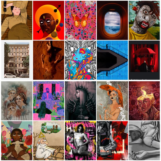 A 5x4 grid collage displaying 20 diverse, surreal, and colorful artistic illustrations and paintings in various styles.