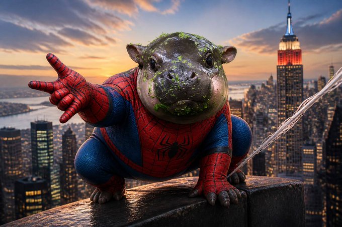 A hippo wearing a Spider-Man costume crouches on a New York City rooftop at sunset, making a peace sign. The "$Rolls BRAND NEW DAY" caption fits the heroic, fresh-start vibe of Spider-Man perched over the city, suggesting a triumphant new beginning.