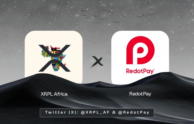 A promotional graphic against a starry, dune-like backdrop announces a partnership between XRPL Africa and RedotPay, featuring their respective logos flanking an "X" symbol, with Twitter handles @XRPL_AF and @RedotPay displayed below—visually reinforcing the "We can't wait" sentiment of an exciting upcoming collaboration.