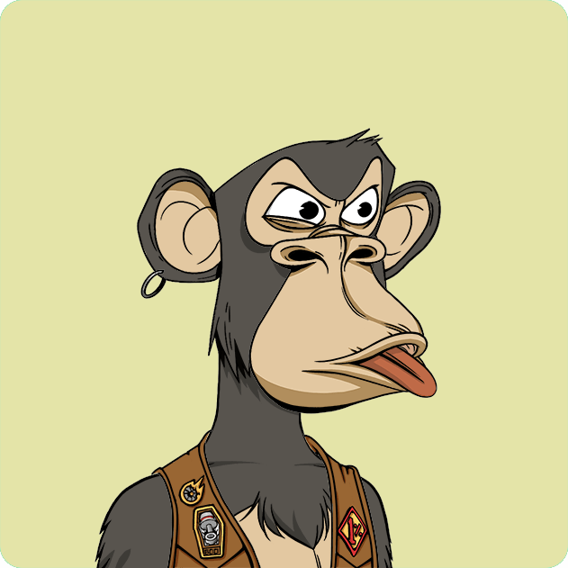 A cartoon illustration of a dark-furred monkey with an intense expression, wearing a brown biker vest adorned with patches, including one with a skull design. The image represents Bored Ape #5899 from the Bored Ape Yacht Club NFT collection, as referenced in the accompanying post detailing its purchase for 8.477 ETH.