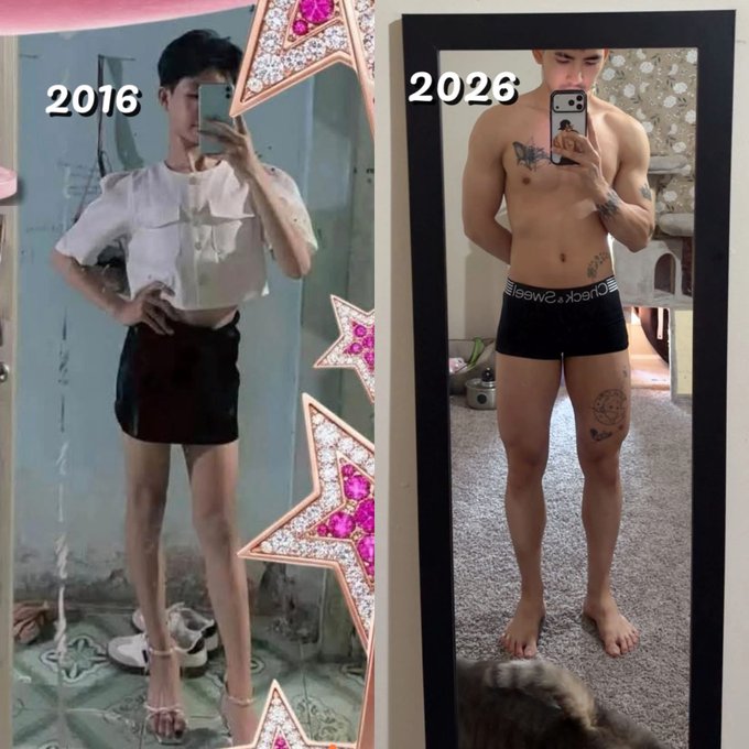 A side-by-side mirror selfie comparison labeled "2016" (wearing a white top and black skirt) and "2026" (wearing black underwear, showing a more muscular build and tattoos), with "BEEWOO" visible on the waistband, illustrating a decade of physical transformation that humorously mirrors the post's reflection on how crypto has changed the author over the years.