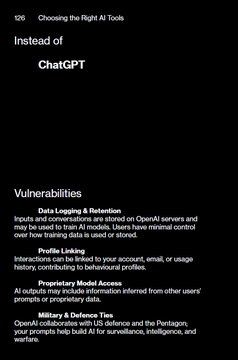 A dark-themed informational page titled 'Instead of ChatGPT' listing vulnerabilities including Data Logging & Retention, Profile Leakage, Proprietary Model Access, and Military & Defense Ties, with references to OpenAI.