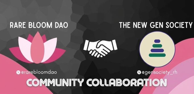 A collaboration announcement graphic featuring a pink lotus logo for "RARE BLOOM DAO" (@rarebloomdao) on the left and a stacked circle logo for "THE NEW GEN SOCIETY" (@gensociety_rh) on the right, with a handshake icon between them and the text "COMMUNITY COLLABORATION" at the bottom, visually representing the new partnership and upcoming raffle for Bloomers.
