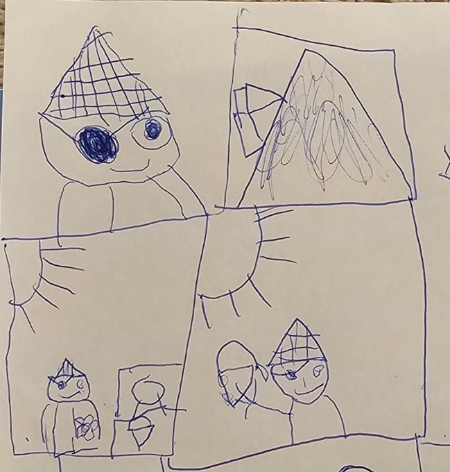 A child's hand-drawn pencil sketch on white paper showing a comic-style page with multiple panels featuring characters with triangular cross-hatched hats, a figure with scribbled hair in the top right, and smaller character figures in the lower panels.