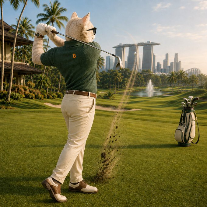 An AI-generated image of an anthropomorphic cat wearing sunglasses, a green polo shirt with a 'B' logo, and white pants, swinging a golf club on a course with a Singapore skyline in the background.