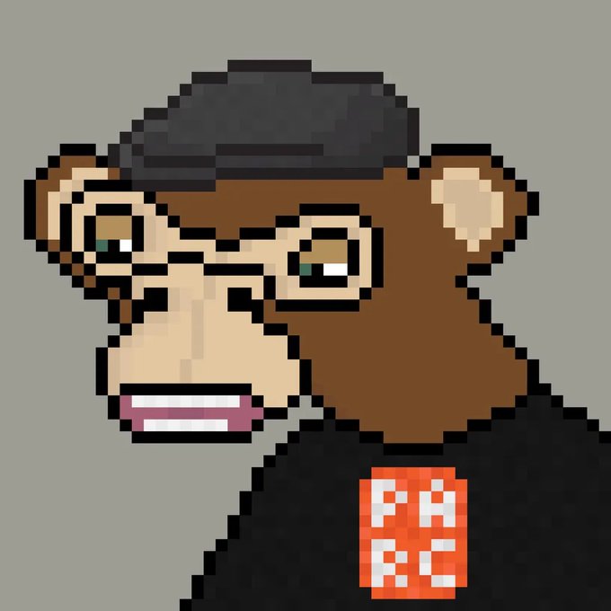 A pixel art illustration of a sad-looking monkey wearing a black beret and a black shirt with an orange 'PARC' logo on the chest.
