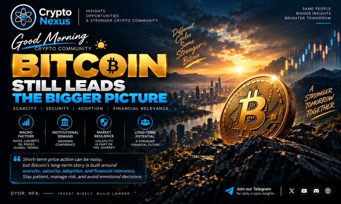 A promotional graphic from 'Crypto Nexus' declaring 'BITCOIN STILL LEADS THE BIGGER PICTURE' with the tagline 'Same People, Bigger Insights, Brighter Tomorrow' and bullet points highlighting macro factors, institutional demand, market resilience, and long-term potential.