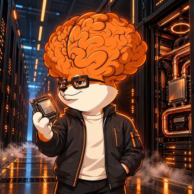 A cartoon-style illustration of an anthropomorphic orange brain character wearing glasses and a black jacket, holding a computer chip in a futuristic server room.