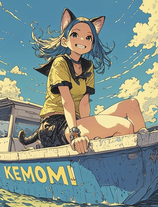 An anime-style illustration of a girl with blue hair, cat ears, and a tail, wearing a yellow shirt, sitting on a blue boat marked 'KEMOMI' against a cloudy sky.