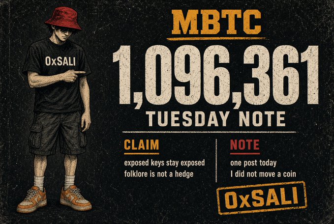 An illustration of a person wearing a red bucket hat and an 'OxSALI' t-shirt, standing next to large text reading 'MBTC 1,096,361 TUESDAY NOTE' with a claim that 'exposed keys stay exposed' and 'folklore is not a hedge'.