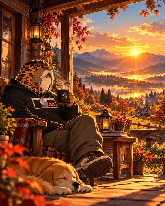 An anime-style illustration shows a person in a leopard-print hoodie relaxing on a wooden porch with a golden retriever, holding a steaming mug while overlooking a misty mountain valley at sunset.