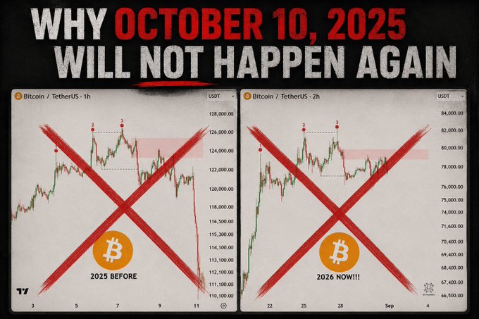 A graphic titled 'WHY OCTOBER 10, 2025 WILL NOT HAPPEN AGAIN' displaying two Bitcoin/USDT charts crossed out with red X marks, comparing '2025 BEFORE' and '2026 NOW!!!'.
