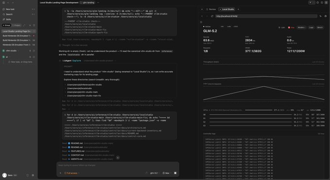 A screenshot of a development interface shows an AI assistant actively building a "Local Studio Landing Page Development" by creating directories like "/Users/service/synclabs/landing" and generating HTML/CSS files (style.css, base.html) while a sidebar displays GLM-5.2 model benchmark metrics including an MMLU score of 83.6, GPQA at 63.6, and context benchmark throughput of 377.13/220.