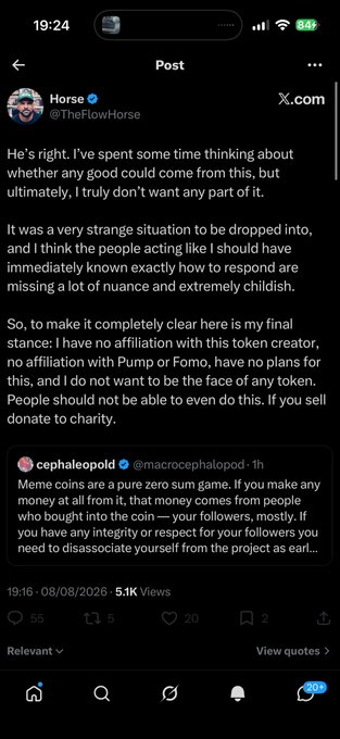 A screenshot of a post on X from Horse (@TheFlowHorse) disavowing involvement with a token creator he was "dropped into" working with, explicitly stating he has no affiliation with the creator, no plans for the token, and encouraging charity donations instead of sales. The victory caption suggests @0xPunishedFren successfully pressured Horse into publicly rejecting the pump-and-dump scheme referenced in @macrocephalopod's reply about scams.