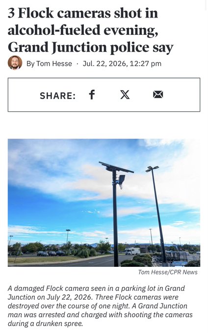 A news article headline reading '3 Flock cameras shot in alcohol-fueled evening, Grand Junction police say' by Tom Hesse, dated Jul. 22, 2026.
