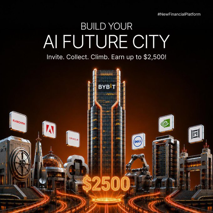 Bybit's "Build Your AI Future City" campaign ad showcases a futuristic cityscape with a central Bybit skyscraper surrounded by tech partner logos including NVIDIA, Oracle, Dell, and others, promoting up to $2,500 in rewards for inviting friends and trading on the ByX platform.