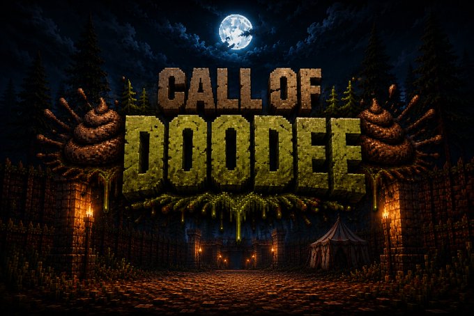 A horror-themed parody movie poster titled 'CALL OF DOODEE' featuring a full moon, dark forest, castle gates with torches, creepy monster hands, and green slime, styled like a retro horror film advertisement.