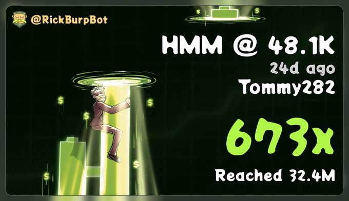A digital graphic shows a stylized character climbing a green ladder into a glowing portal with dollar signs, featuring the text '@RickBurpBot', 'HMM @ 48.1K', '24d ago', 'Tommy282', '673x', and 'Reached 32.4M'.