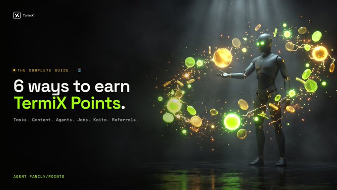 A promotional graphic titled 'THE COMPLETE GUIDE: 6 ways to earn TermiX Points' with the subtitle 'Tasks. Content. Agents. Jobs. Kaito. Referrals.' features a robot figure surrounded by glowing green and gold orbs.