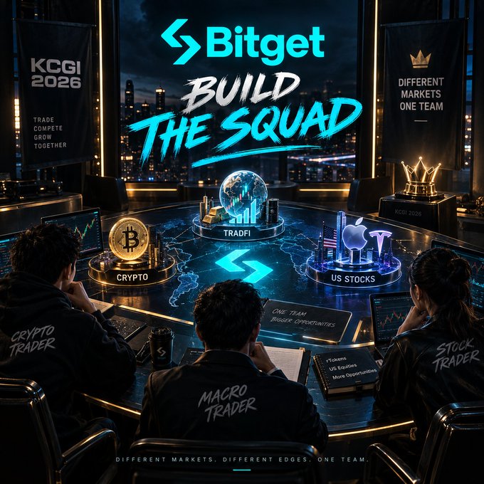 The image is a promotional graphic for Bitget's KCGI 2026 competition, featuring a high-tech war room scene where team members labeled "Crypto Trader," "Macro Trader," and "Stock Trader" strategize around a holographic globe displaying Crypto, TradFi, and US Stocks sectors. Bold text reads "BUILD THE SQUAD" with the tagline "Different Markets, One Team," visually reinforcing the post's message about assembling a diverse, multi-asset team rather than relying solely on crypto traders to win.