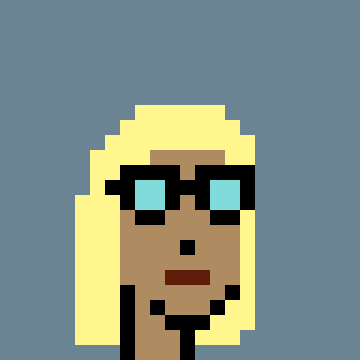 A pixel art portrait of a blonde character with black glasses and blue eyes against a gray-blue background.