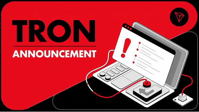 Red and black 'TRON ANNOUNCEMENT' graphic featuring an illustration of a laptop with a warning sign and connected cables.