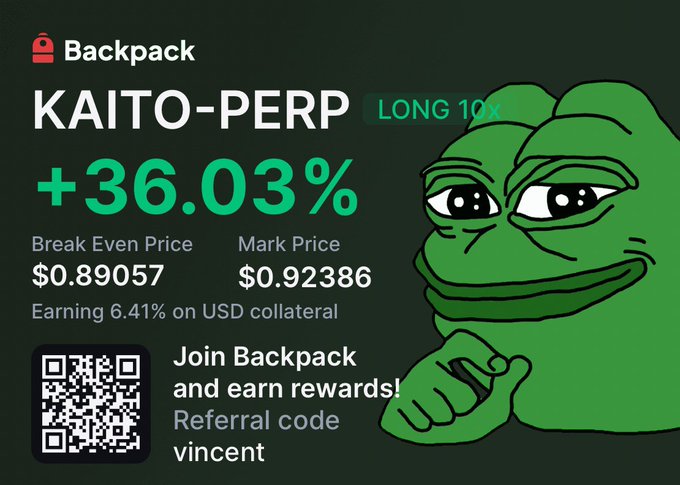 The image is a promotional graphic for Backpack exchange showcasing a successful 10x long position on KAITO-PERP, displaying a +36.03% gain with a break-even price of $0.89057 and mark price of $0.92386, alongside the Pepe the Frog mascot and a referral code "vincent." This directly illustrates the tweet's claim of profiting +36% from a 10x leveraged long on KAITO-PERP via Backpack, visually validating the poster's boast about "working smart" with the trade.