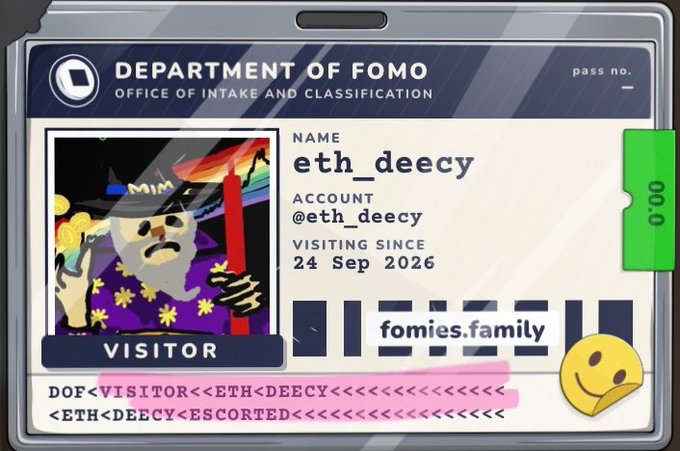 A digital 'Department of FOMO' visitor badge for eth_deecy (@eth_deecy) showing a stylized character with a hat and beard, dated 24 Sep 2026, from the website fomies.family.
