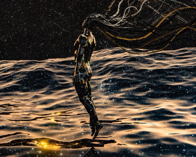 A figure floats above a golden, star-speckled sea of liquid, her flowing hair and reflective body blending seamlessly into the cosmic scene—evoking the post's sentiment of being "part of all this" in a vast, ethereal universe.