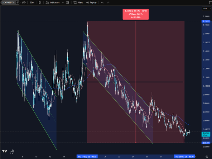 A 30-minute candlestick chart of ZCAT/USDT on TradingView shows the price breaking down through the lower boundary of a downward-sloping parallel channel (highlighted in red), reaching 0.04861 (-80.17%), with the post noting ZCAT's "magical -80% memecoin retrace" coinciding with ZEC bottoming.