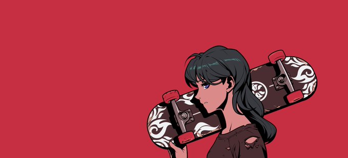 An anime-style girl with dark hair carries a skateboard adorned with white swirling flame-like patterns on her shoulder against a solid red background, visually representing the "water" element mentioned as the latest addition to her Azuki TCG Elemental Domains collection.
