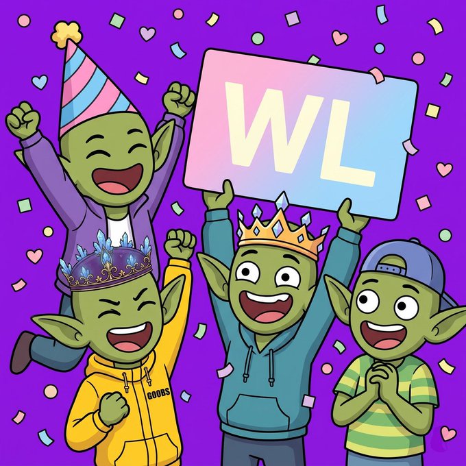 A cartoon illustration of four green goblin-like characters celebrating, with one holding up a sign displaying "WL" (whitelist), surrounded by confetti and hearts, promoting a giveaway for the g00bs NFT collection on Robinhood network.