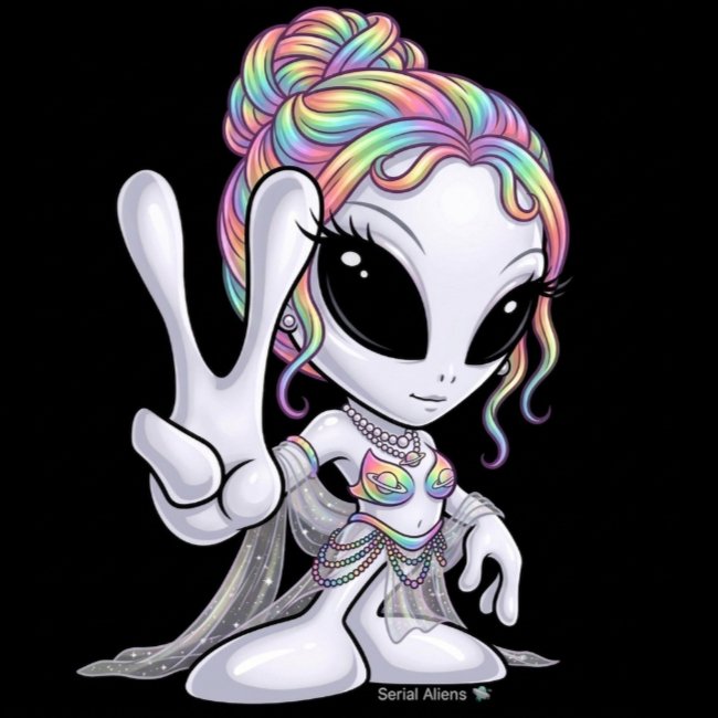A cartoon-style drawing of an alien with rainbow-colored hair, a bikini top, and a translucent cape, making a peace sign with two fingers.