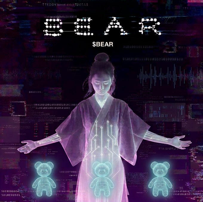 A futuristic digital artwork featuring a woman in traditional robes with glowing circuit lines on her arms and body, eyes closed in meditation, surrounded by holographic teddy bears, glitchy code, and the text "BEAR" and "$BEAR" — visually representing the post's claim that "$BEAR Is Alive Is Aware" by blending organic consciousness with cybernetic, AI-like imagery.