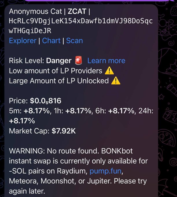 The image displays a Discord bot message about the ZCAT (Anonymous Cat) token, showing a Danger risk level with warnings about low LP providers and unlocked liquidity, alongside a price of $0.0816 and a market cap of $7.92K. It also notes a BONKbot swap error stating no route was found for trading the token. This relates to the post's "skill issue" joke by highlighting the user's failed attempt to use BONKbot to trade ZCAT.