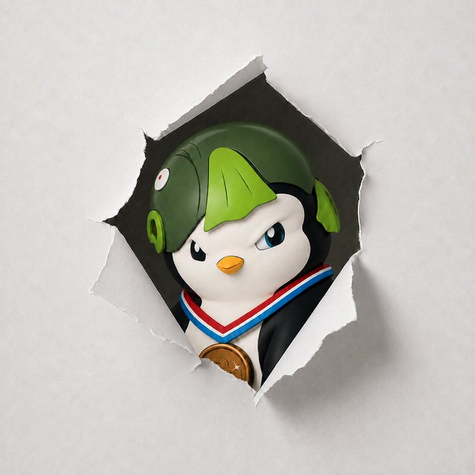 A penguin character wearing a green helmet with a lightning bolt design, appearing to burst through a torn paper surface.
