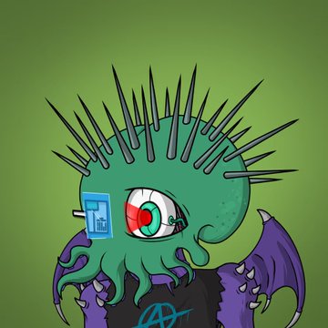 A punk-styled green octopus character with spiky antennae and a single red eye wears a purple "INX" t-shirt featuring an anarchy symbol, visually embodying the post's claim that the INX collection is the "alpha" NFT project on Ethereum.