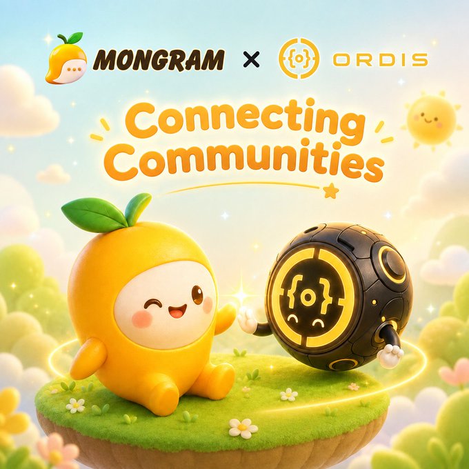 A colorful 3D illustration featuring the Mongram x Ordis collaboration with the text 'Connecting Communities,' showing a cute yellow fruit-like mascot and a dark spherical robotic character on a floating grassy island.