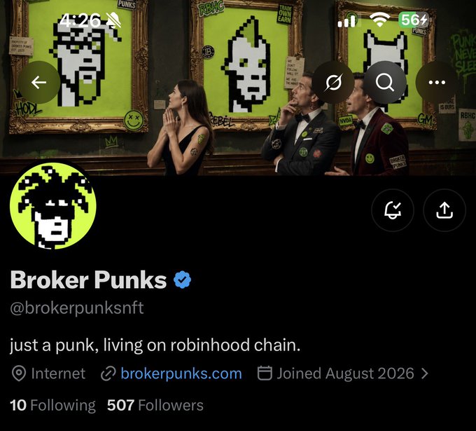 The image shows the Twitter/X profile of "Broker Punks" (@brokerpunksnft), a verified account with the tagline "just a punk, living on robinhood chain," displaying 507 followers and joined in August 2026, with pixel art punks in ornate frames as the header. This aligns with the post celebrating the milestone of reaching 507 strong followers on their official Broker Punks account.