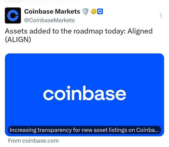 A Coinbase Markets tweet announces that Aligned (ALIGN) has been added to the asset roadmap, reinforcing the post's claim that the $ALIGN token launch may be nearing, though no official TGE date has been set.