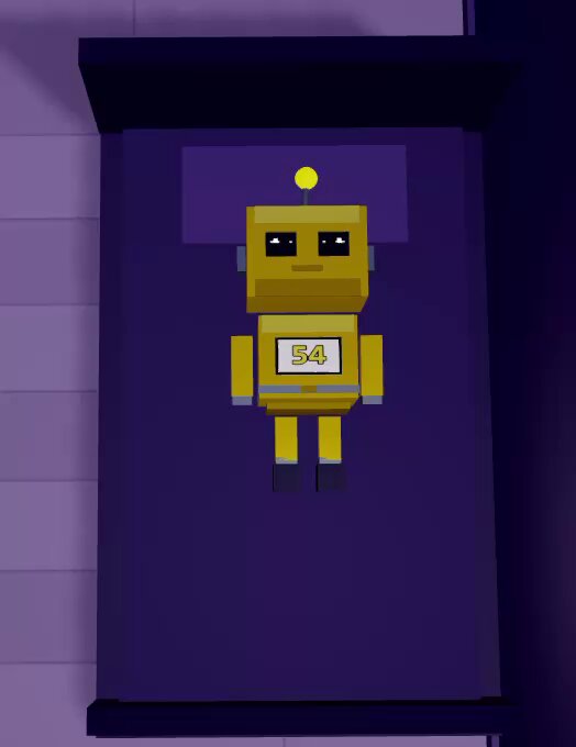 A yellow robot with a number 54 on its back sits on a purple bedspread, staring ahead without making any facial expressions or gestures. The caption above the image reads "Me in 2025: $CRO never go below $0.15 again". This message implies that Me is associated with the robot and is not meant to be interacted with or disturbed by the robot's actions.