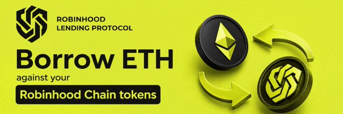 Promotional graphic for Robinhood Lending Protocol ($RLP) with the headline "Borrow ETH against your Robinhood Chain tokens," featuring visual icons of ETH and RLP coins connected by exchange arrows, illustrating the post's description of unlocking ETH liquidity by using whitelisted tokens like $CashCat as collateral.