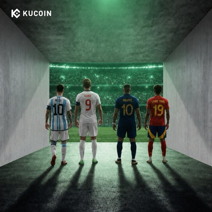 Four soccer stars—Messi (#10, Argentina), Kane (#9, England), Mbappé (#10, France), and Lamine Yamal (#19, Spain)—walk out of a tunnel toward a lit stadium, with the KuCoin logo displayed above.

The image ties into the caption by framing these elite players as "high-conviction plays"—analogous to top picks one backs confidently regardless of the odds, much like choosing a standout asset in a sports betting or crypto market scenario.