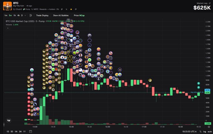 A TradingView chart shows BTC/USD on a 5-minute timeframe with a market cap of $625K, displaying a sharp price spike from ~600K to a peak around 2.69M before pulling back to 625K (+12.93%), overlaid with numerous meme coin bubbles from Pump Fun's ecosystem that illustrate the post's bullish sentiment on the token.