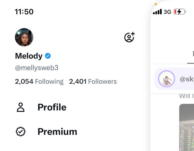 A Twitter profile for "Melody" (@mellysweb3) displays 2,054 Following and 2,401 Followers, showing the milestone of reaching 2.4K followers being celebrated in the accompanying post.
