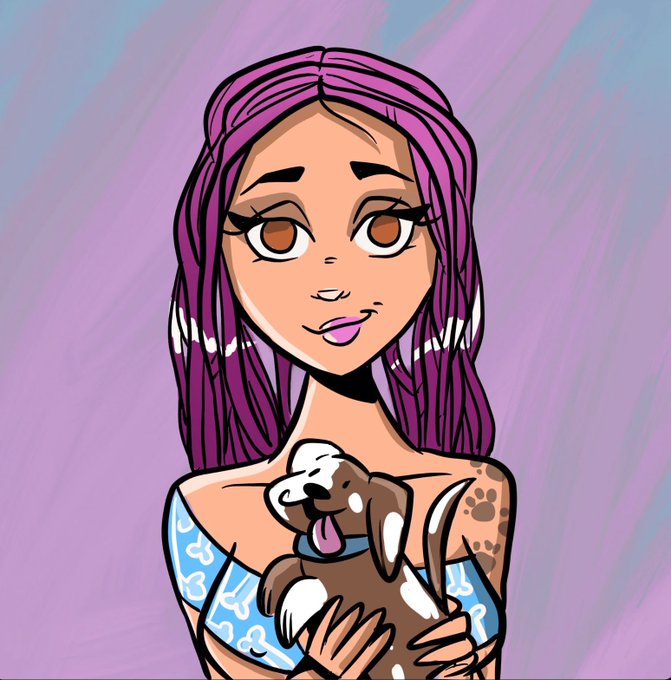 A cartoon-style illustration of a young woman with long purple hair, wearing a blue off-shoulder top with cloud patterns and a paw-print tattoo on her arm, holding a smiling brown and white puppy. The artwork matches the post's caption showcasing a "cute" character from the @MetaVixensNFT collection.